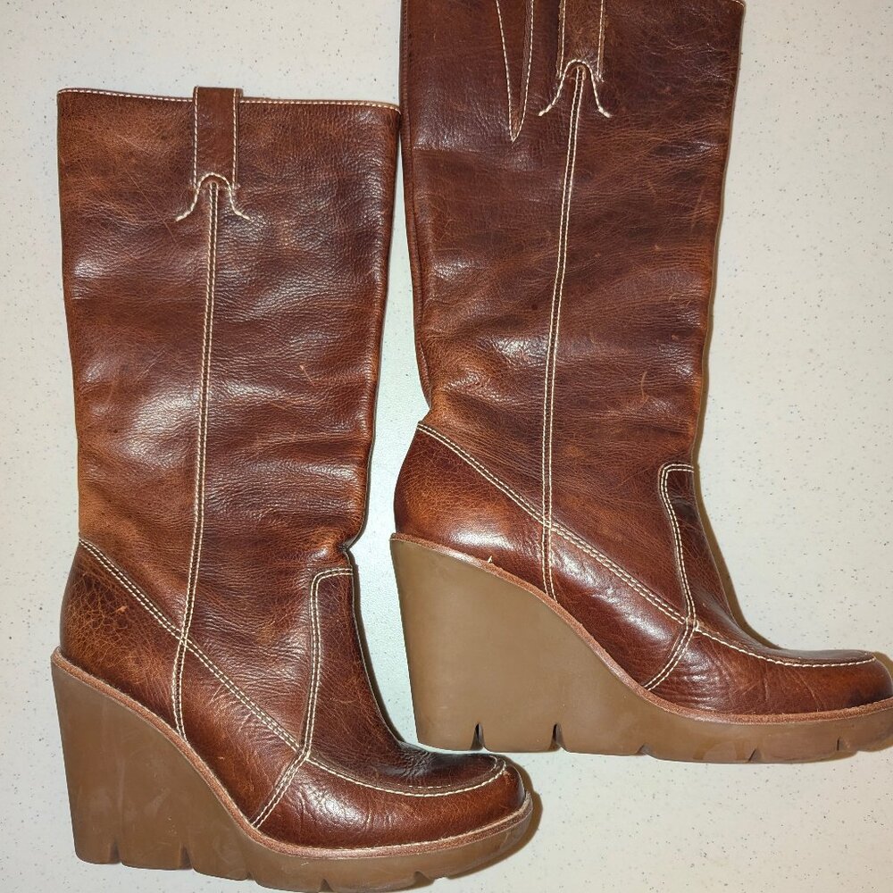 Michael Kors Vintage Leather Brown Wedge Pull On Boots Sz 7